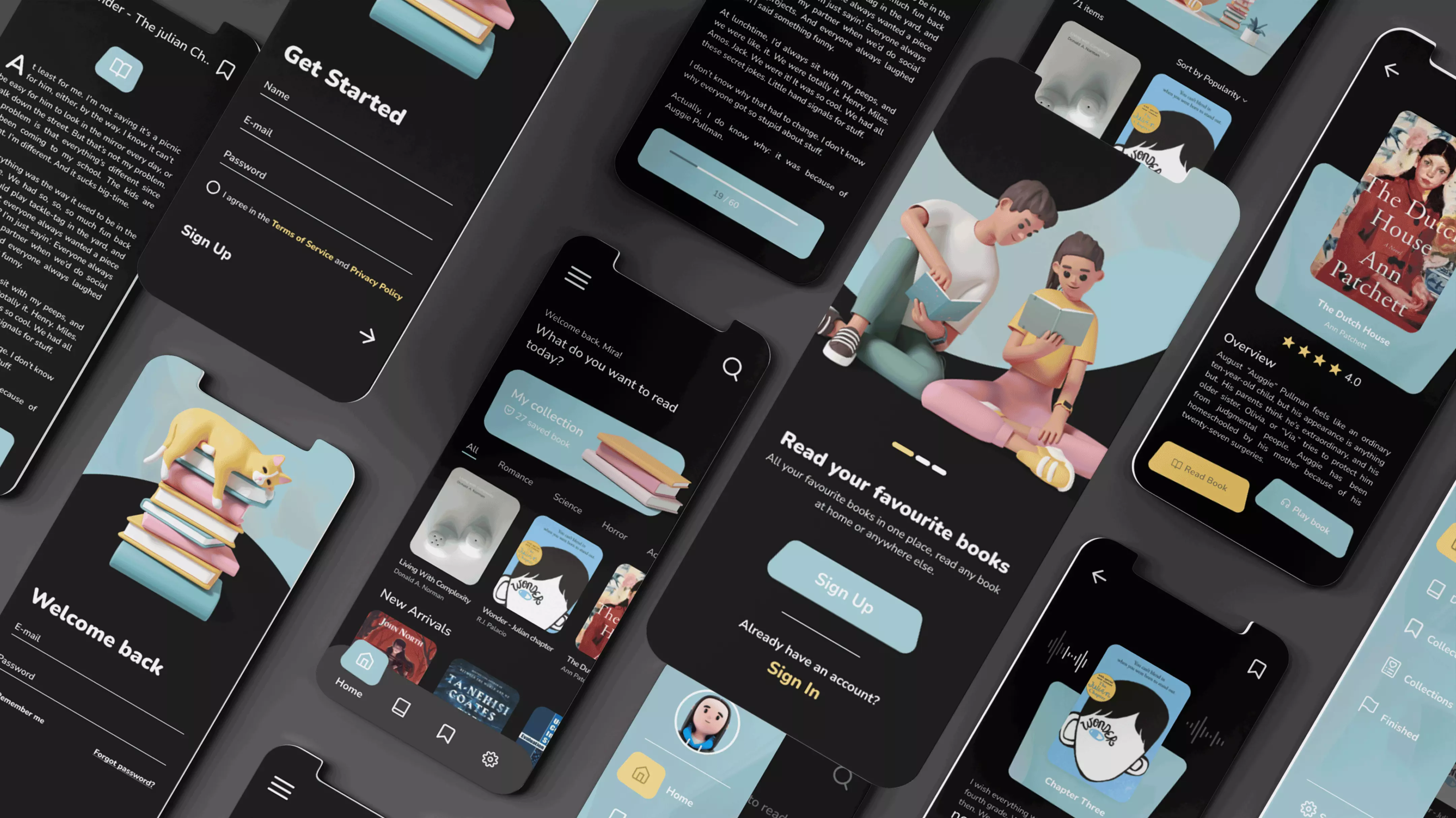 Multiple screens of the book app